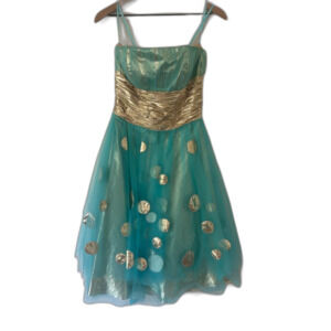 Jovani Beyond Size 4 Aqua Gold Polka Dot Midi Party Dress Prom Semi Formal